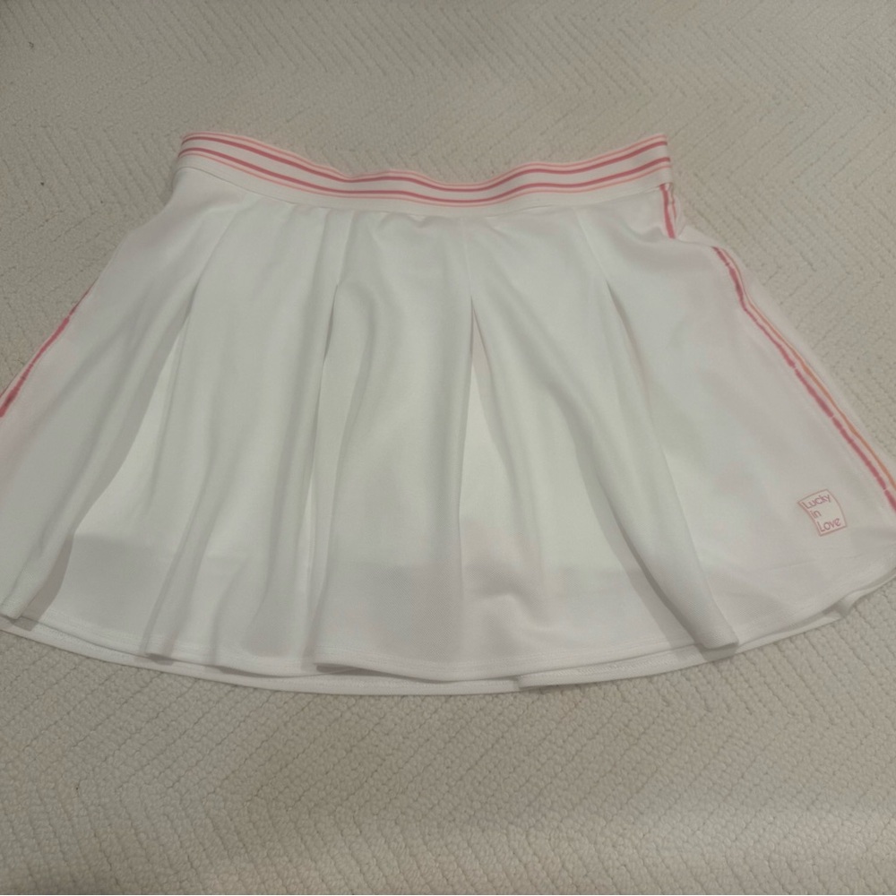 Lucky in Love Skater Mini Skirt White Pink Pleated